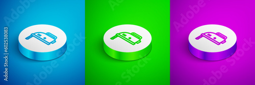 Isometric line Electric jigsaw with steel sharp blade icon isolated on blue, green and purple background. Power tool for woodwork. White circle button. Vector