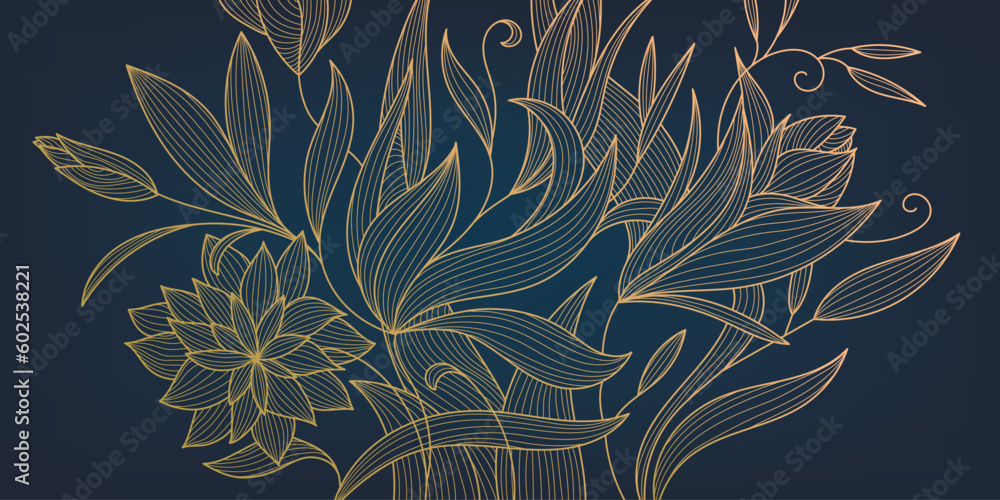 Shadow Flower Line Design Vector art deco luxury flower line pattern, golden line background ...