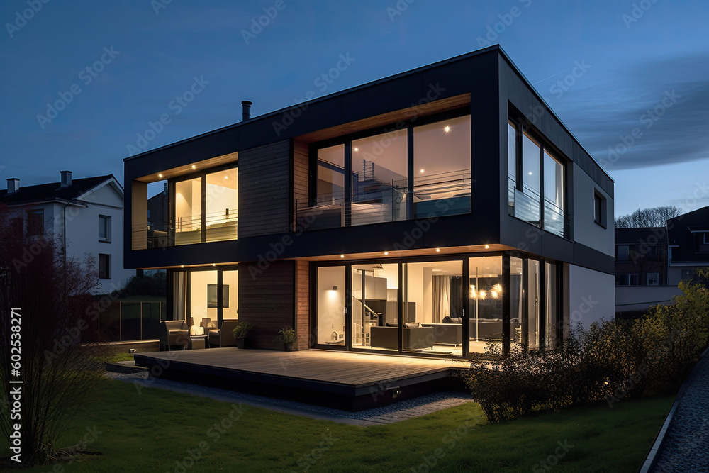 Exterior of a modern cozy house with large windows and lawn. Generative AI Exterior of a modern cozy house with large windows and lawn. Generative AI