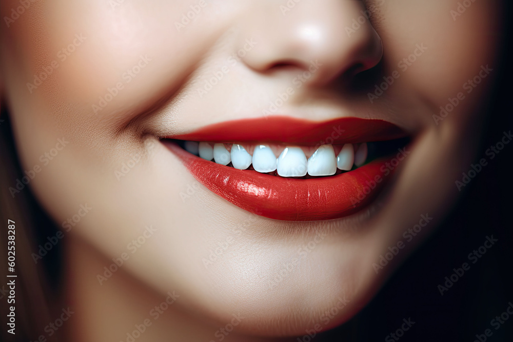 Wide smile of the woman with great healthy white teeth. Generative AI Wide smile of the woman with great healthy white teeth. Generative AI