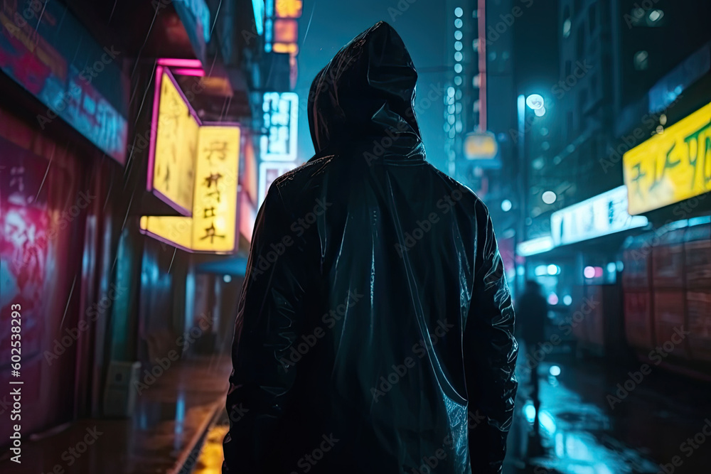 A man stands in a cyberpunk city. Empty street with bright neon lights reflecting in a water. Generative AI A man stands in a cyberpunk city. Empty street with bright neon lights reflecting in a water. Generative AI