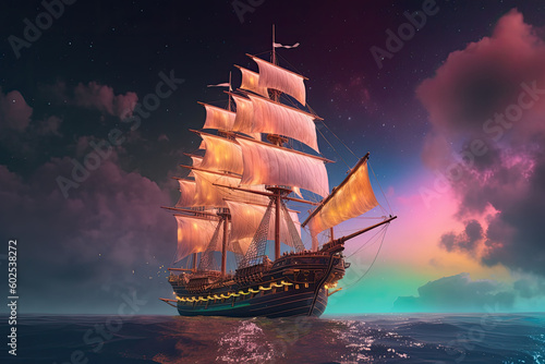 Old magic frigate flying on colorful cumulonimbus clouds. Ship in the ocean with stardust and fantasy sky. Generative AI