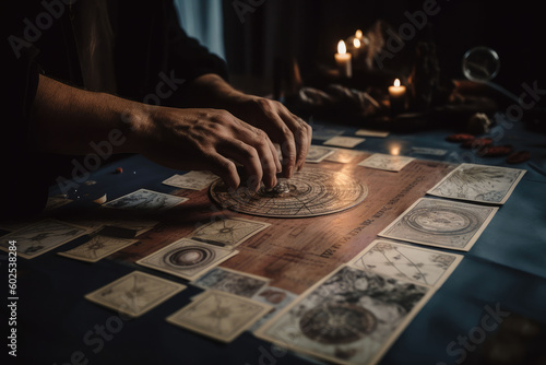 Male hands holding tarot cards. Astrologer calculates natal chart and makes a forecast. Generative AI