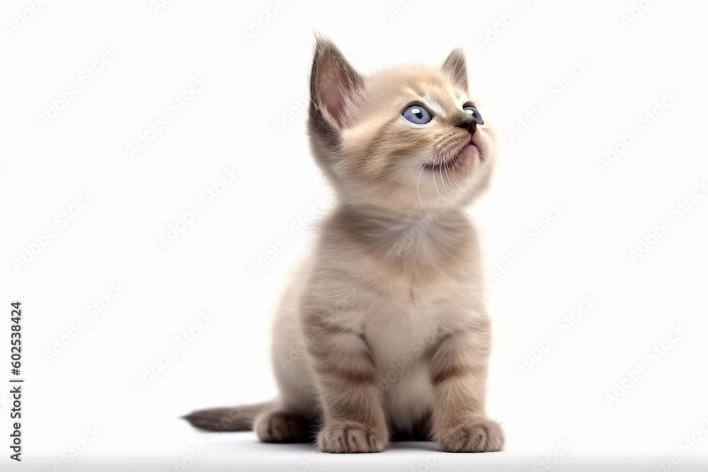 Cute siamese kitten cat looks in the side. Created with Generative AI technology

