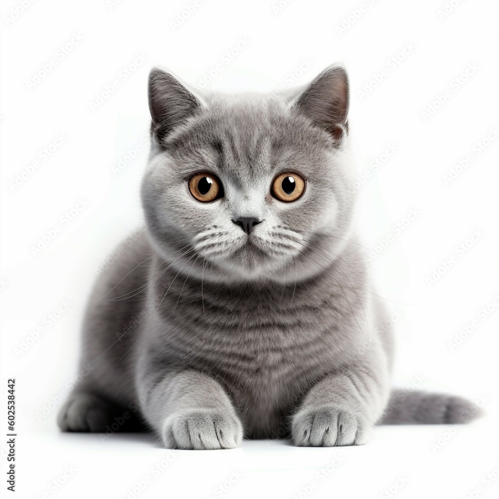 British Shorthair cat sitiing on white background. Created with Generative AI technology
