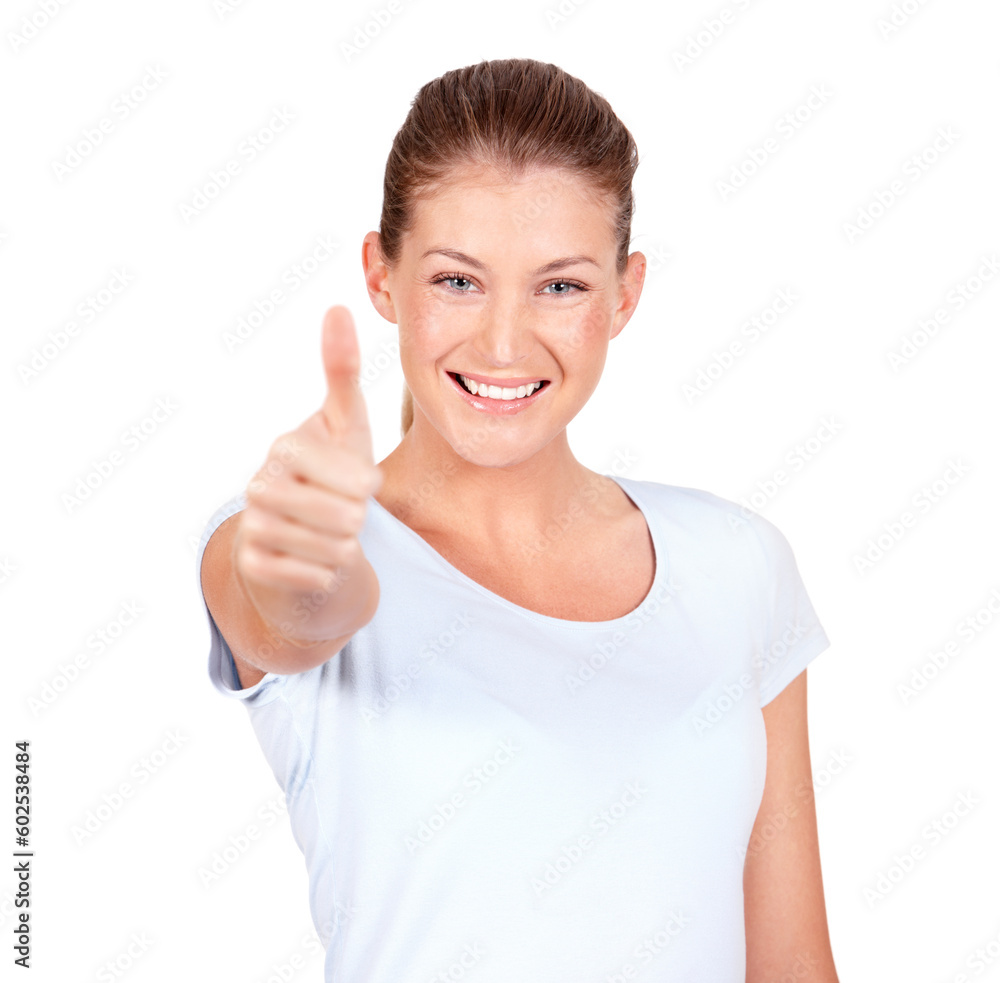 Happy woman, portrait smile and thumbs up for success, winning or good job against a white studio background. Female person smiling showing thumb emoji, yes sign or like for approval or agreement Happy woman, portrait smile and thumbs up for success, winning or good job against a white studio background. Female person smiling showing thumb emoji, yes sign or like for approval or agreement