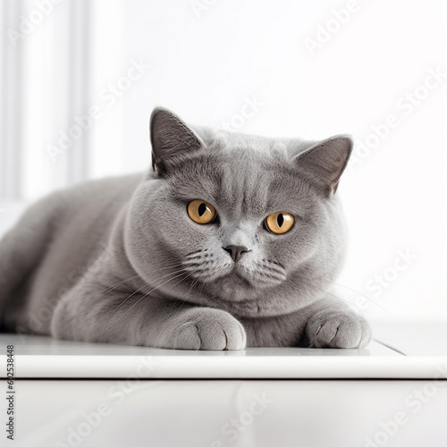 British Shorthair cat lying on the floor. Created with Generative AI technology 