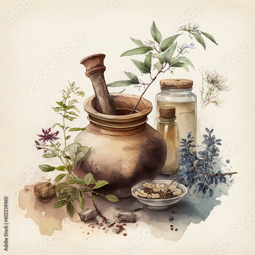 botanical illustration with plants chinese medicine and cosmetics