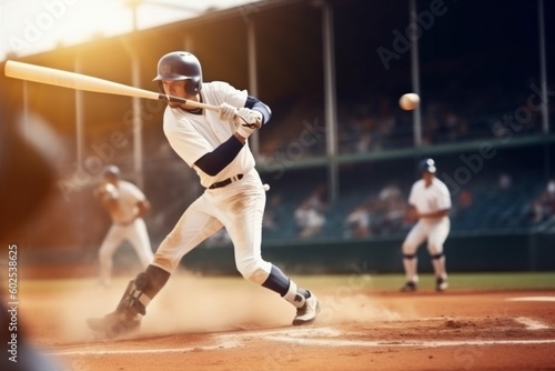 man sport athlete team bat player outdoors game field baseball ball. Generative AI.