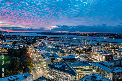 Auckland aerial sunset looking at Harbour Bridge from Fanshawe Street 