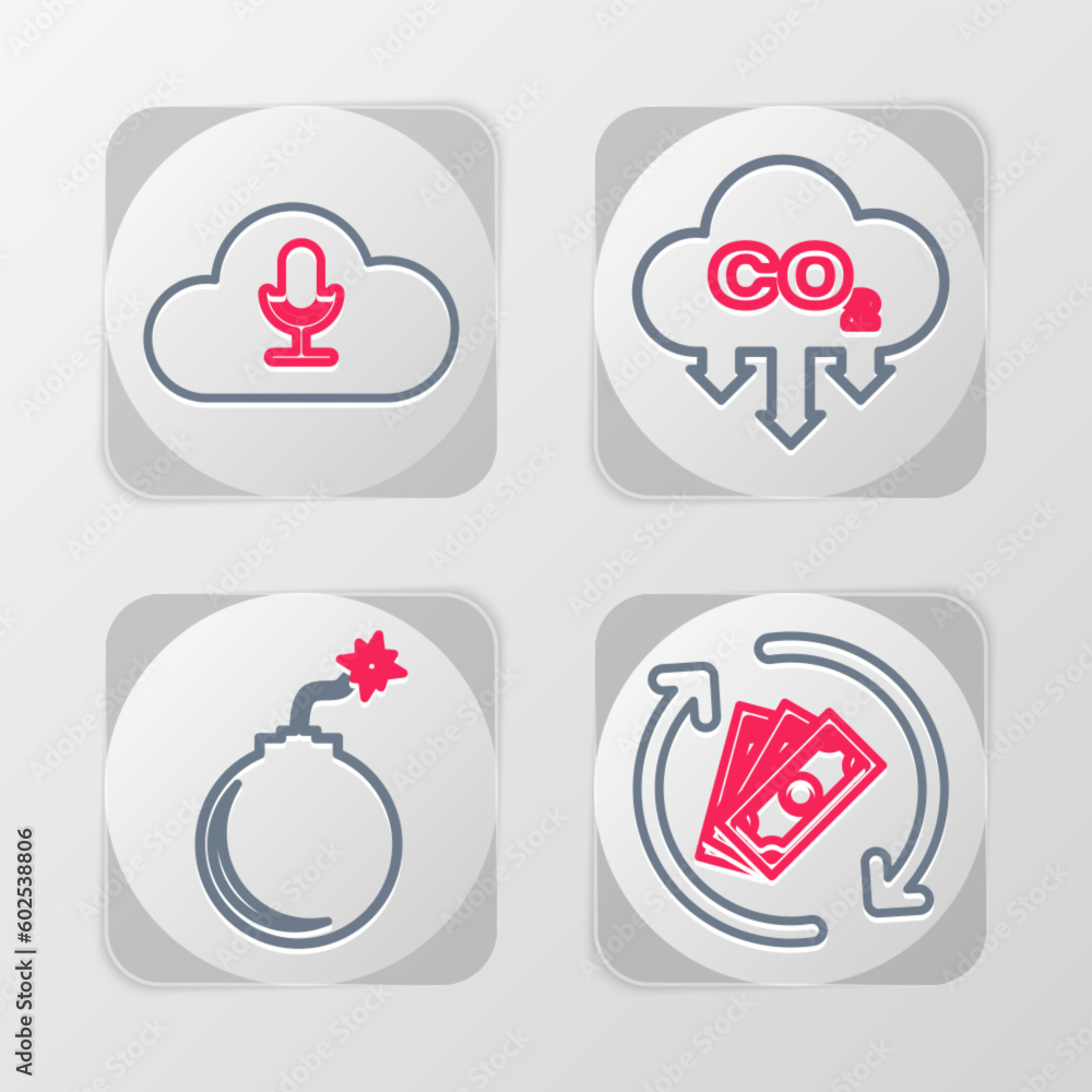 Set line Refund money, Bomb ready to explode, CO2 emissions in cloud and Music streaming service icon. Vector Set line Refund money, Bomb ready to explode, CO2 emissions in cloud and Music streaming service icon. Vector
