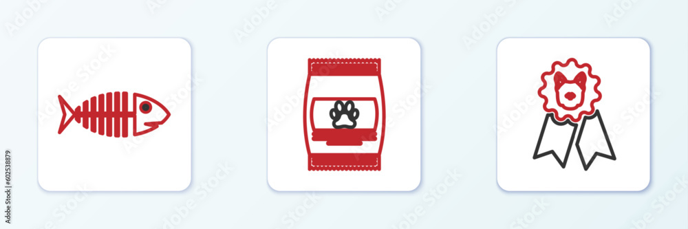 Set line Dog award symbol, Fish skeleton and Bag of food for pet icon. Vector Set line Dog award symbol, Fish skeleton and Bag of food for pet icon. Vector