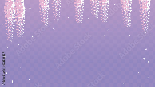 市松模様の紫のグラデーション背景に藤の花房を描いたイラスト