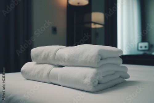 home resort service white fresh luxury room bed hotel towel. Generative AI. © VICHIZH