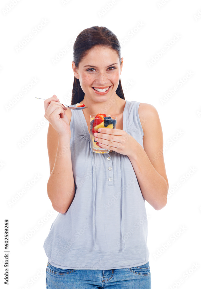 Happy portrait, woman and fruit salad glass for weight loss, health diet or body detox for wellness lifestyle. Vegan healthcare, nutritionist food and studio model eating isolated on white background Happy portrait, woman and fruit salad glass for weight loss, health diet or body detox for wellness lifestyle. Vegan healthcare, nutritionist food and studio model eating isolated on white background