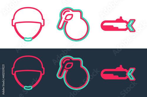 Set line Submarine, Military helmet and Hand grenade icon. Vector