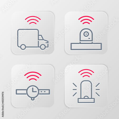 Set line Smart flasher siren, Smartwatch, security camera and truck icon. Vector
