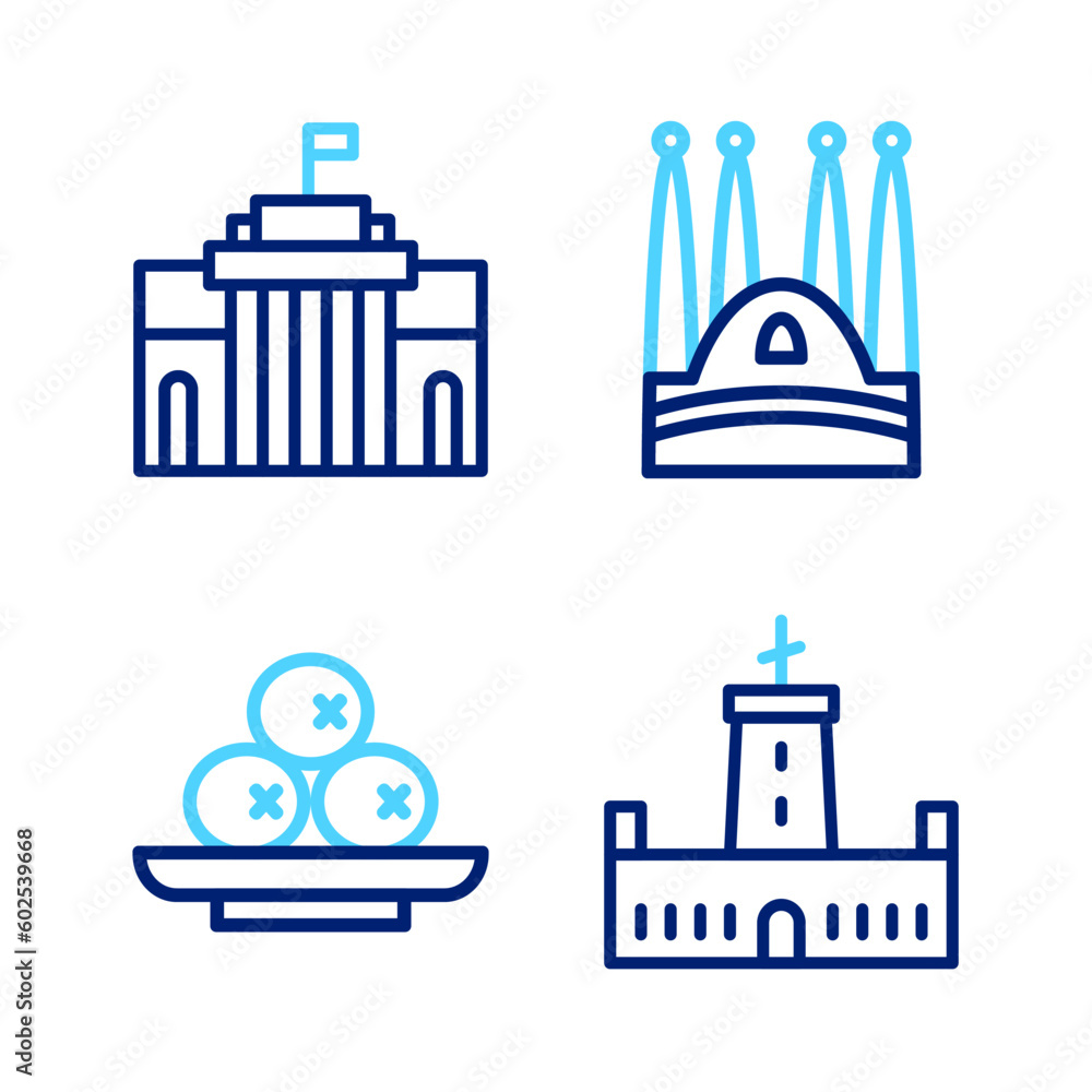 Set line Montjuic castle, Olives plate, Sagrada Familia and Prado museum icon. Vector Set line Montjuic castle, Olives plate, Sagrada Familia and Prado museum icon. Vector