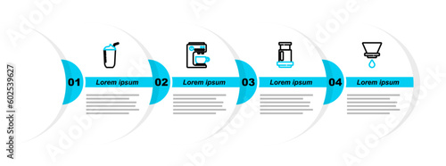 Set line V60 coffee maker, Aeropress, Coffee machine and Milkshake icon. Vector
