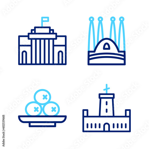 Set line Montjuic castle, Olives plate, Sagrada Familia and Prado museum icon. Vector