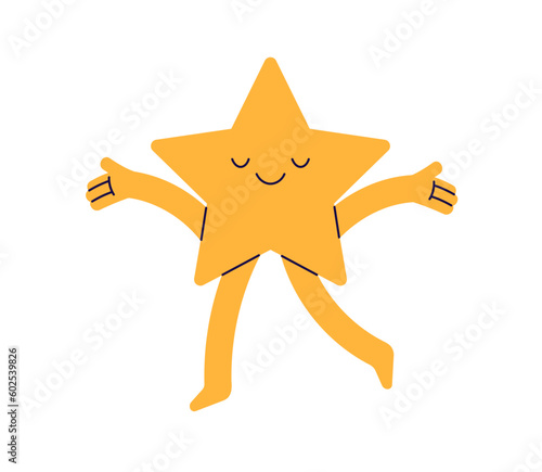 Cute happy star walking. Funny smiling character with joyful amusing emotion, face expression, rejoicing. Bliss, joy and happiness. Childish flat vector illustration isolated on white background