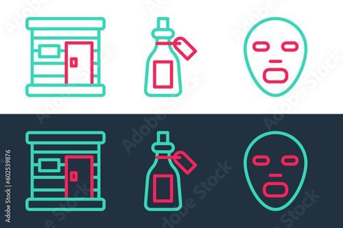 Set line Facial cosmetic mask, Sauna wooden bathhouse and Essential oil bottle icon. Vector