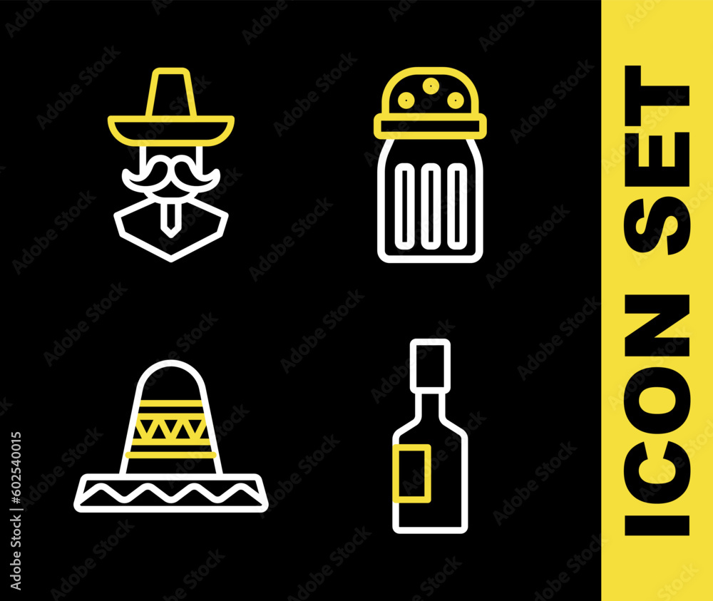 Set line Salt, Tabasco sauce, Mexican sombrero and man icon. Vector Set line Salt, Tabasco sauce, Mexican sombrero and man icon. Vector