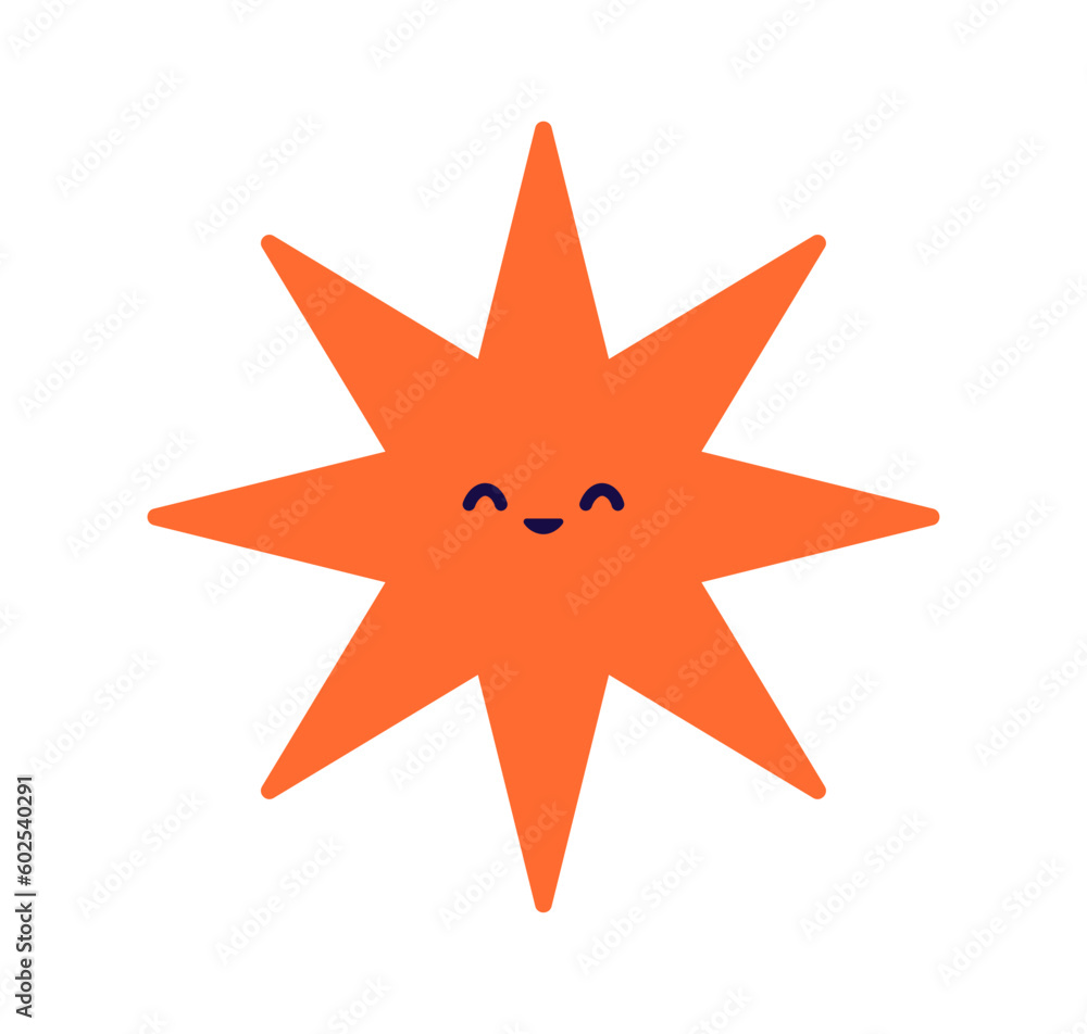 Cute happy star with funny joyful face expression. Sun, smiling kids character. Sweet optimistic shape. Joy emotion. Childish kids flat graphic vector illustration isolated on white background Cute happy star with funny joyful face expression. Sun, smiling kids character. Sweet optimistic shape. Joy emotion. Childish kids flat graphic vector illustration isolated on white background