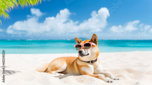 ビーチでくつろぐサングラスをした柴犬　Generative AI © AYANO