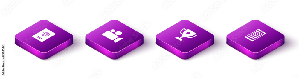 Set Isometric Passport, Movie Video camera, Trophy cup and Mobile Apps icon. Vector Set Isometric Passport, Movie Video camera, Trophy cup and Mobile Apps icon. Vector