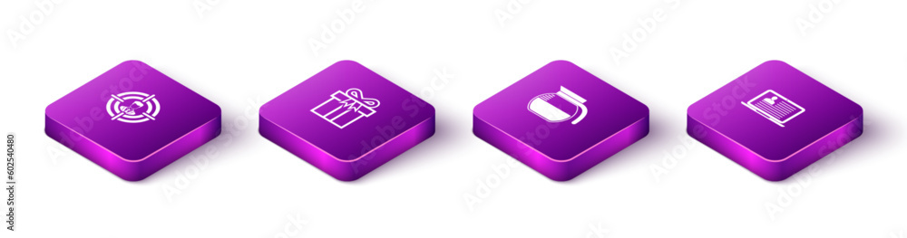 Set Isometric Head hunting, Gift box, Coffee pot and Laptop with resume icon. Vector Set Isometric Head hunting, Gift box, Coffee pot and Laptop with resume icon. Vector