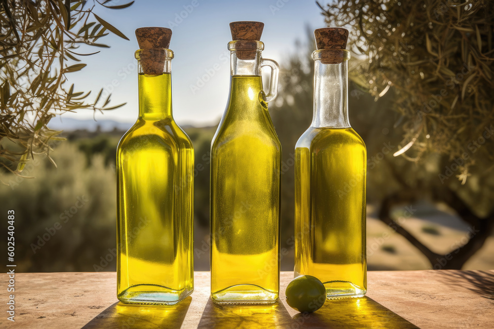 Glass bottles with olive oil standing on the table in olive grove, Generative AI Glass bottles with olive oil standing on the table in olive grove, Generative AI