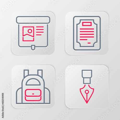 Set line Fountain pen nib, School backpack, Certificate template and Projection screen icon. Vector