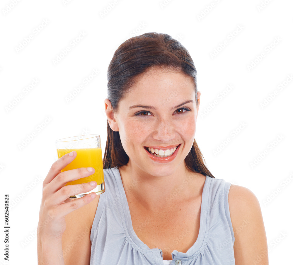 Orange juice, portrait smile and woman with glass drink for hydration, liquid detox or natural weight loss. Healthcare wellness, nutritionist beverage and studio model isolated on white background Orange juice, portrait smile and woman with glass drink for hydration, liquid detox or natural weight loss. Healthcare wellness, nutritionist beverage and studio model isolated on white background