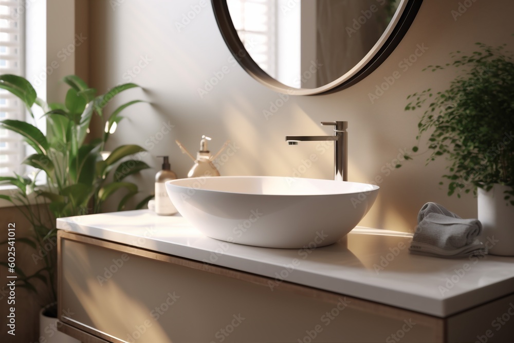 Fototapeta premium counter design sunlight modern contemporary faucet bathroom sink interior luxury house. Generative AI.