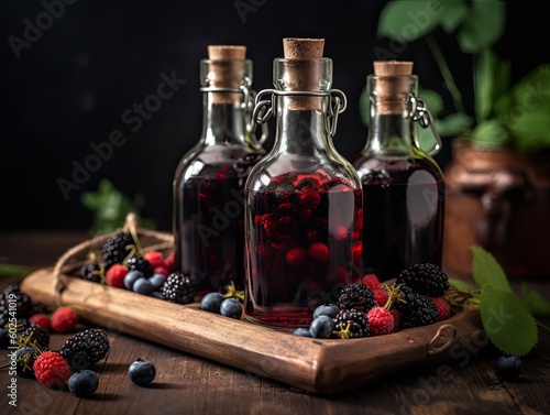 Generative AI illustration of glass bottles with alcoholic tinctures placed on wooden table near plates of assorted ripe fresh berries in kitchen