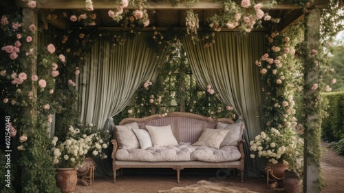 Antique Chaise Lounge and Flowing Curtains, English Roses under Pergola Backdrop, Charming Garden Elegance - Generative AI Illustration