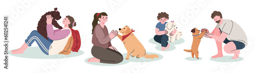 Set of Happy owner and pet concept vector. Flat cartoon characters collection with women, men hugging, dog training. Dog and peoples illustration design for decoration, cover, website, poster.