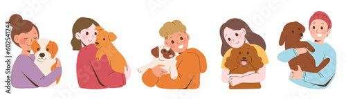 Set of Happy owner and pet concept vector. Flat cartoon characters collection with women, men hugging, hold their dogs. Dog and peoples illustration design for decoration, cover, website, poster. © TWINS DESIGN STUDIO