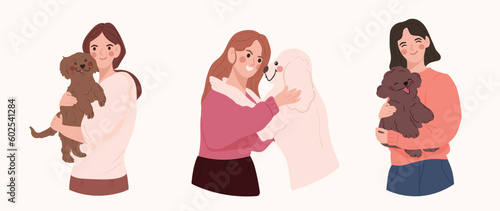 Set of Happy owner and pet concept vector. Flat cartoon characters collection with women, men hugging, hold their dogs. Dog and peoples illustration design for decoration, cover, website, poster.