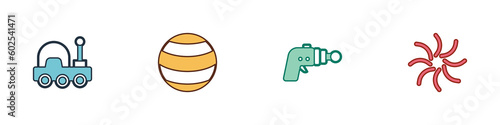 Set Mars rover, Planet, Ray gun and Black hole icon. Vector