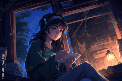 an anime girl resting on the bed with headphones, generative AI