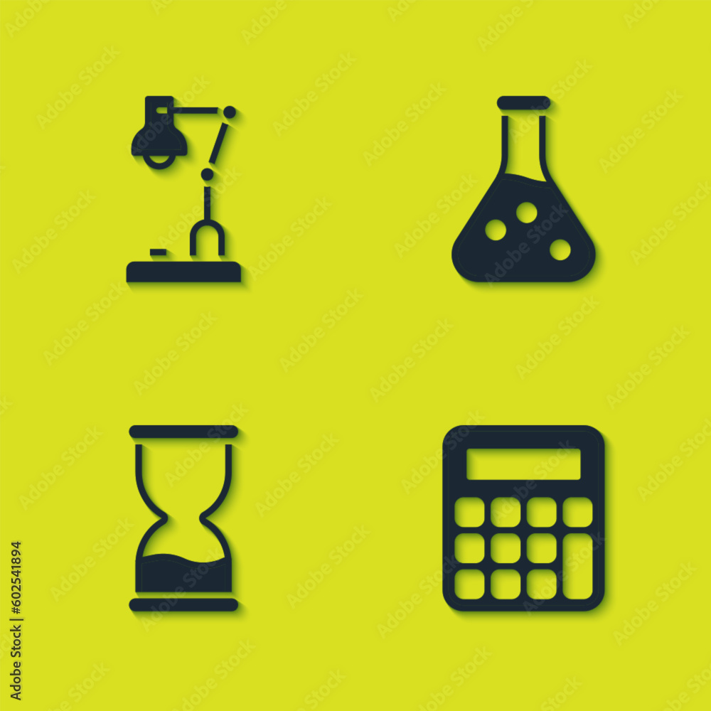 Set Table lamp, Calculator, Old hourglass and Test tube icon. Vector Set Table lamp, Calculator, Old hourglass and Test tube icon. Vector