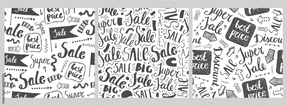 Vector set of seamless sale patterns. Hand drawn discount lettering, shop offer background. Ink drawing, sketch doodle style illustrations.