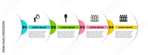 Set line Watering can, Garden fork, fence and . Business infographic template. Vector