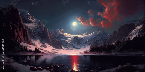 Oil painting by Albert Bierstadt mountain alpine river in the middle. Generative AI AIG15.
