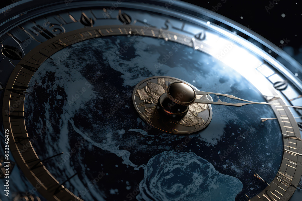 Closeup of clock face with planet Earth as background. Earth's Time Concept, generative AI