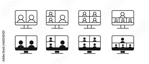 Online conference vector icon set. People on the computer screen. Digital video communication outline symbol