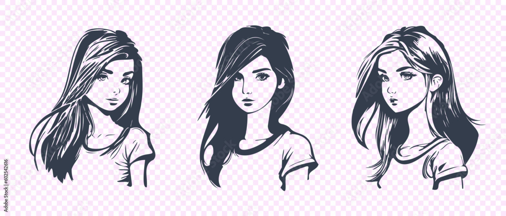 Vector set of graphic portraits of young cute beautiful cartoon teen girls with long hair. Vector set of graphic portraits of young cute beautiful cartoon teen girls with long hair.