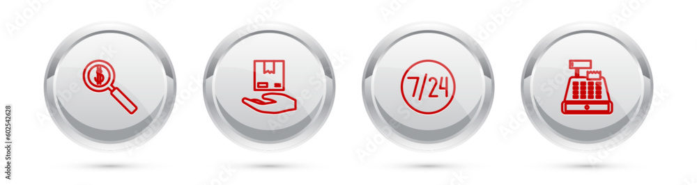 Set line Magnifying glass and dollar, Delivery hand with boxes, Clock 24 hours and Cash register machine. Silver circle button. Vector Set line Magnifying glass and dollar, Delivery hand with boxes, Clock 24 hours and Cash register machine. Silver circle button. Vector